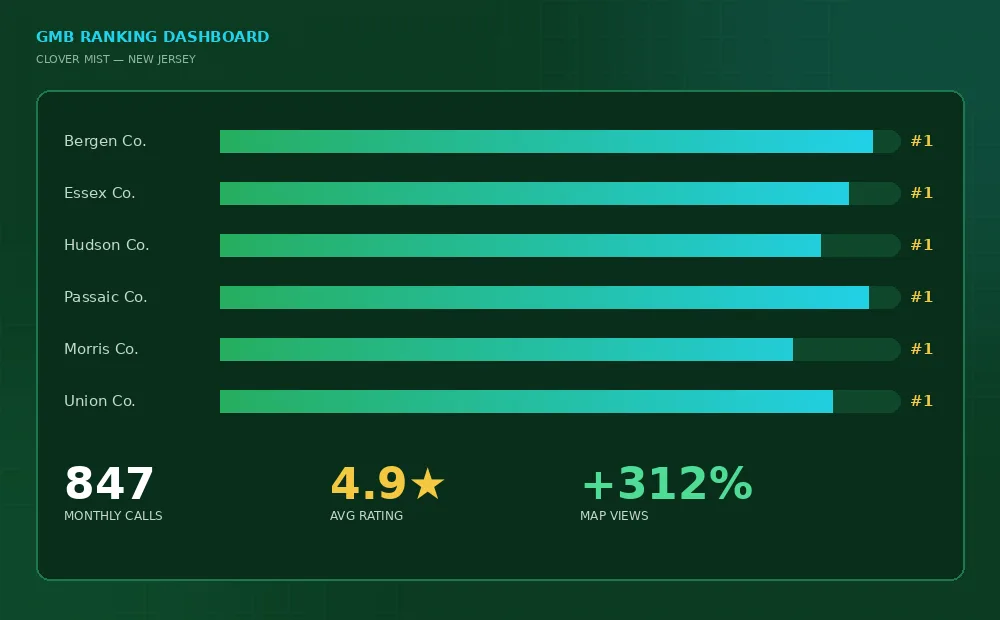 Google Business Profile ranking dashboard showing NJ businesses ranked number 1 across Bergen, Essex, Hudson, Passaic, Morris and Union County