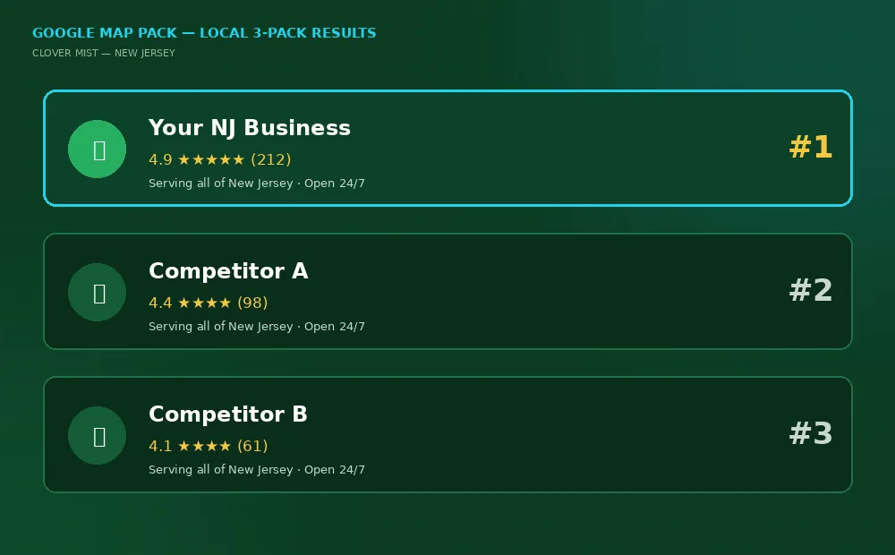New Jersey business ranked number 1 in the Google Map Pack above competitors with 4.9 star rating