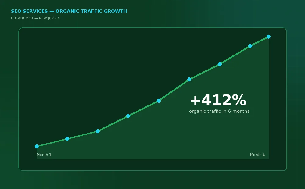 SEO services growth chart showing 412 percent organic traffic increase for a New Jersey business in six months