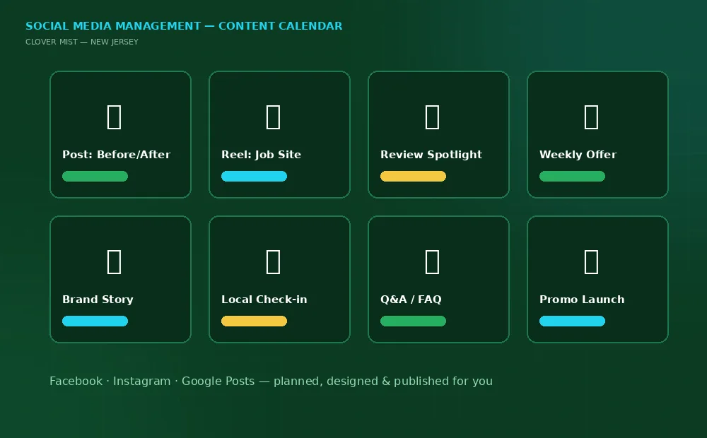Social media management content calendar for New Jersey businesses with Facebook, Instagram and Google Posts planned weekly