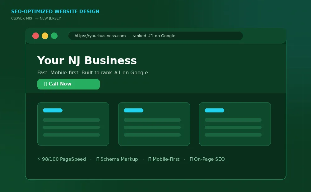 SEO-optimized website design preview for a New Jersey business with fast PageSpeed score, schema markup and mobile-first layout